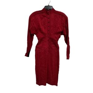 Vintage IIF Red Rayon Button Front Mock Neck Power Shoulder Midi Dress Size 4